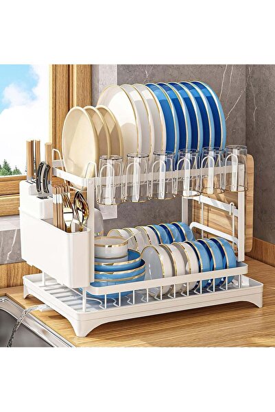 SCROLLS Dish Drying Rack With Drainer, 2 Tier Rustproof Stand for Kitchen Cou...