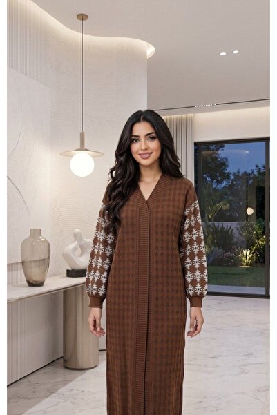 alqarat Midi Knit Winter Cardigan with Patterned Sleeves