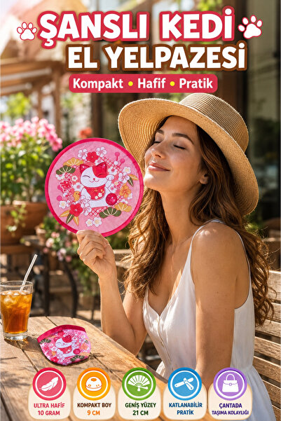 OpenCity Şanslı Kedi Desenli Katlanabilir El Yelpazesi Kılıflı Yuvarlak Cep Y...