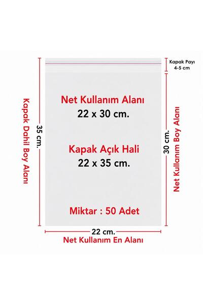 22x30+5 cm.(22x35) 50 Adet Şeffaf Bantlı Yapışkanlı Jelatin Poşet