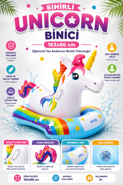 NeoThings Unicorn Tek Boynuzlu At Şişme Binici 163×86 cm Deniz Yatağı Tutmaçl...