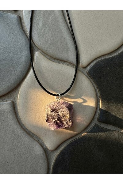 Meneva Aksesuar Raw Cut Amethyst Natural Stone Leather Cord Necklace