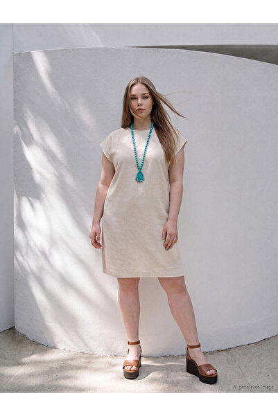 LC Waikiki Trendlucky Plus Size A-Line Linen Blend Dress with Difference