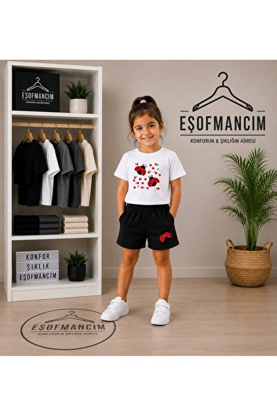 Eşofmancım Girl's Summer Shorts and T-Shirt Set with Ladybug Print