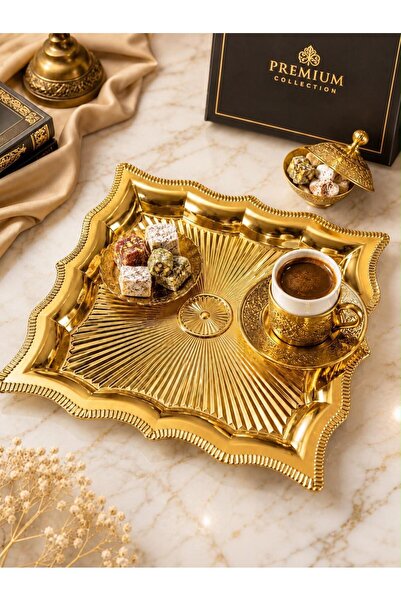 BYSABO İnci Narin Gold Sunum Tepsisi - Çelik Kare Kahve Yanı Sunumluk - Tekli...