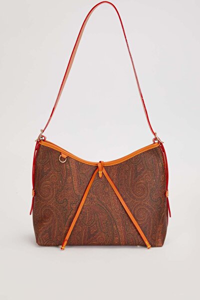 Levidor Dark Brown Bow Detailed Ethnic Pattern Shoulder Bag