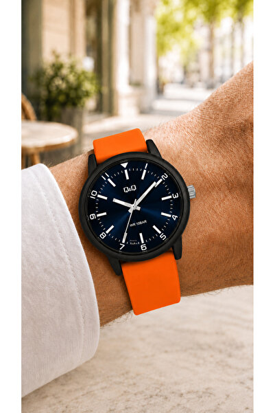 Q&Q Men's Orange Silicone Cord Navy Blue Dial 10 Bar Wristwatch with 2 Year W...