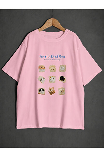 ZİYMO Unisex Cat and Bread Printed Oversize T-Shirt