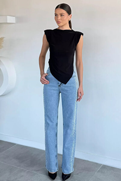 Aryena Blue Women's Stone Detailed Palazzo Jean Denim Trousers