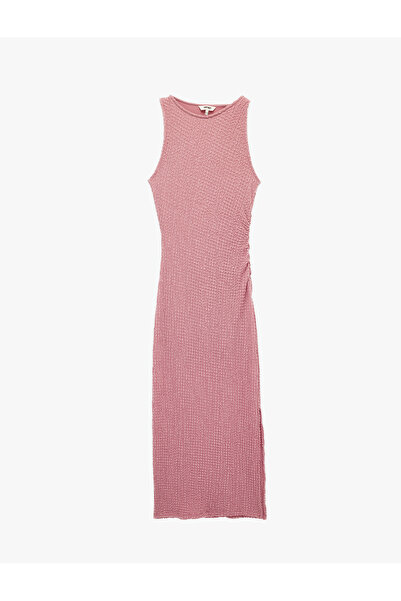 Koton Bürümcük Fabric Textured Crew Neck Slit Sleeveless Midi Bodycon Dress