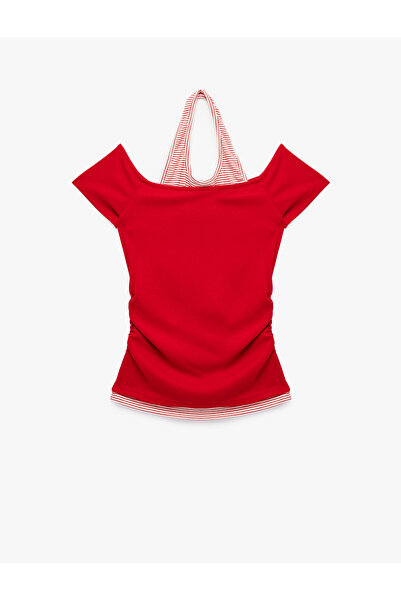 Koton Viskon Slim Fit Omzu Açık Kısa Kollu Halter Yaka Tişört