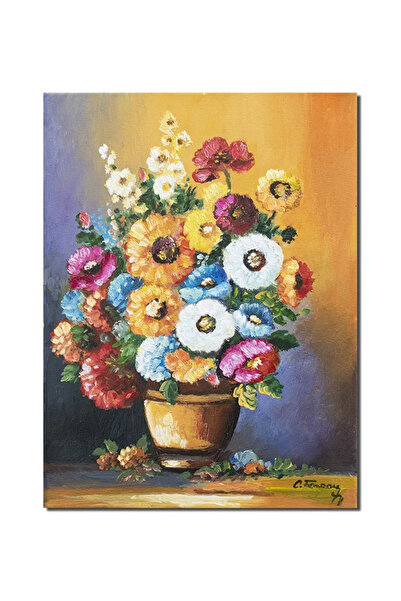 artnova Tablou pictat manual, Vaza cu flori multicolore, gingasie, 40x30cm ul...