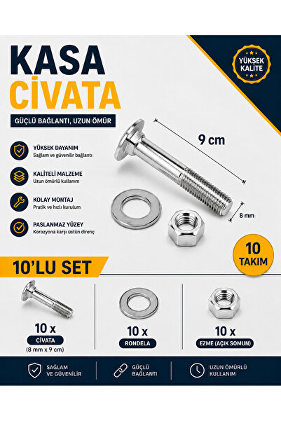 akatsuki M8x9cm Yuvarlak Başlı Kasa Civatası 10 + Somun 10 + Pul 10 ( Takım 1...