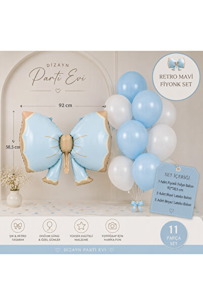 Dizayn Parti Evi Retro Mavi Fiyonk Folyo Balon Seti 92x58,5 cm – 1 Adet Büyük...