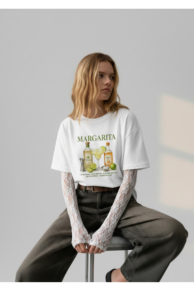 RF Studio Margarita Kokteyl Baskılı %100 Pamuk Unisex Oversize T-shirt Tişört