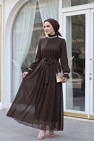 Modamorfo Balloon Sleeve Janjan Chiffon Evening Dress with Stone Collar and S...