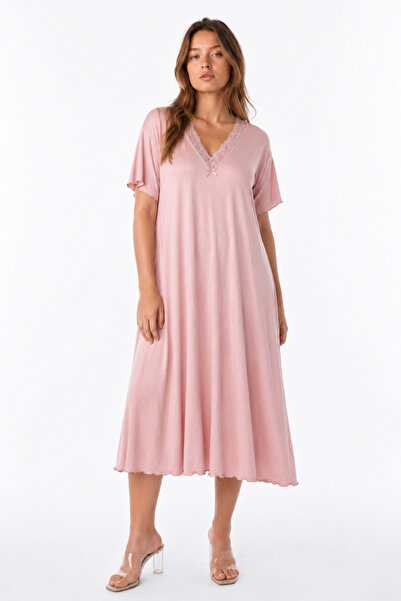 ESLEMCE Bamboo Viscose Fabric V Lace Collar Detailed Flared Dress