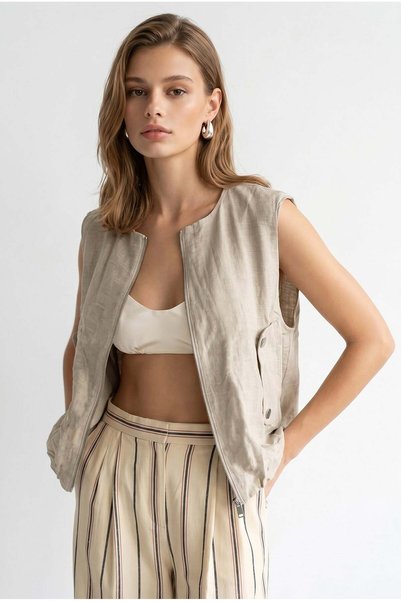 Mixray 2154 Women's Oversize Linen Look Zippered Snap Pocket Lined Vest Stone