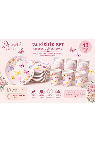 Dizayn Parti Evi Kelebek Çiçek Temalı Parti Sofra Seti – 16 Kişilik / 24 Kişi...