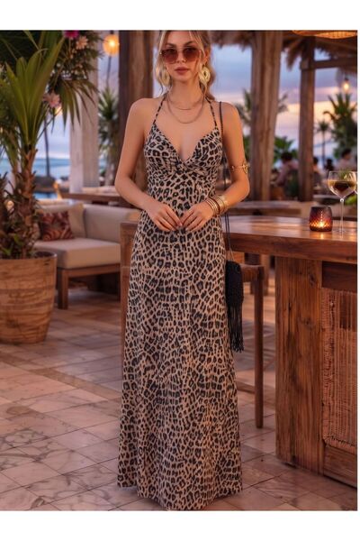 Flubutik Leopard Micro Front Twisted Rope Strap Long Dress