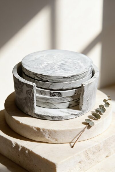 Empressco Handmade Concrete Coaster Set of 5 with Marble Pattern and Decorati...