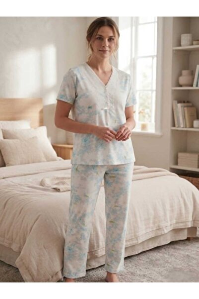 ATINÇ Kadın Dantel Detaylı Cepli Düğmeli % 100 Pamuklu Soft Pijama Takımı