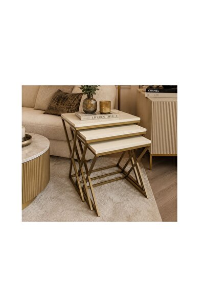 Vivense VENEDİK ESKİTME BAKIR METAL AYAKLI EKRU MDF ÜST TABLA ZİGON SEHPA