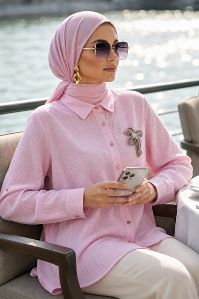 N.S NEVA STYLE Broş Detaylı Pembe Tesettür Tunik 11192P