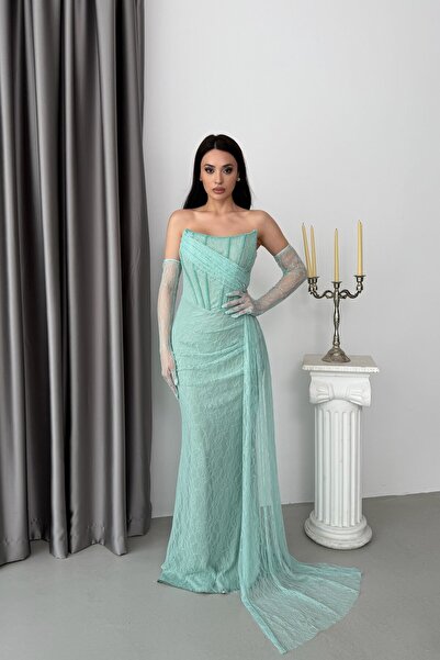 Serica Moda Mint Straplez Dantel Eldivenli Drapeli Bordo Uzun Abiye Elbise