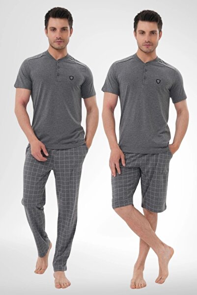 Mecit Pijama Men's Plaid Three-Piece 3-Piece Large Size Shorts+ Short Sleeve ...