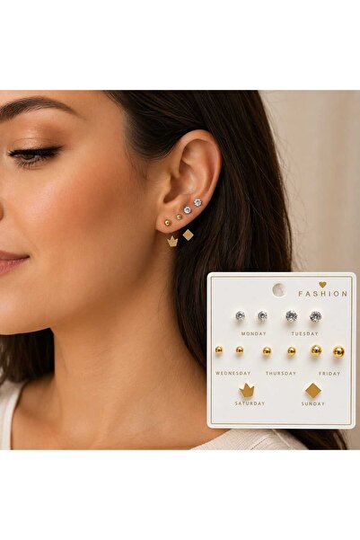 Bittox Gold Renk 7 Çift Minimal Küpe Seti Zirkon Taşlı Halka Top ve Geometrik...