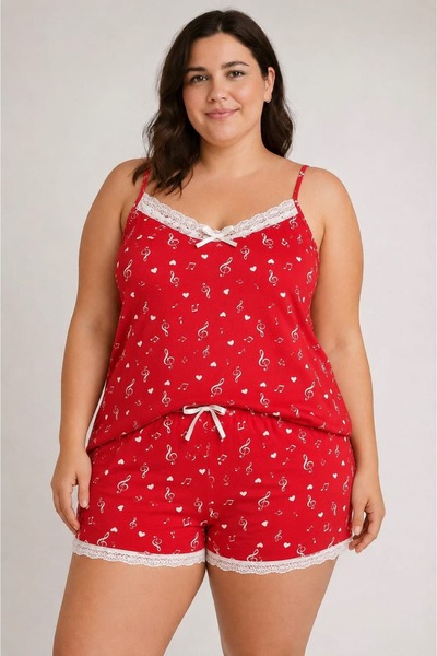 allure underwear Red Musical Note Pattern Oversized Shorts Set