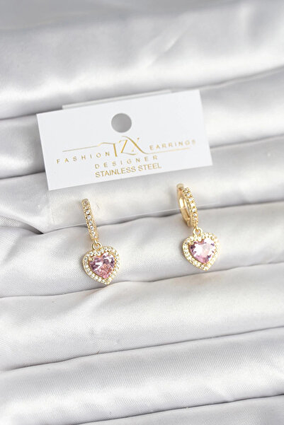ARMÜZ Brass Gold Pink Color Zircon Stone Heart Model Women's Earrings
