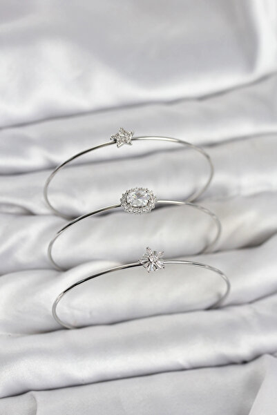 ARMÜZ Zircon Stone Silver Color Single Stone Model 3-Piece Women's Bracelet C...
