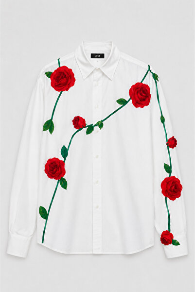 Jose Clothing White Hand-Painted Floral Pattern Oversize Long Sleeve Shirt