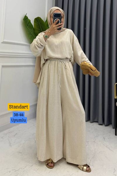 Mogi Butik Women's Oversize Blouse Wide Leg Pants Raw Linen Hijab Suit 3211 S...
