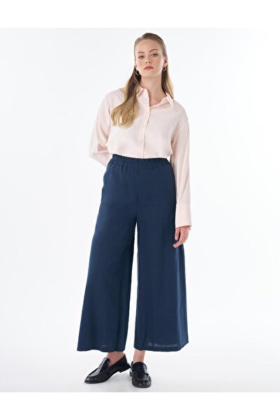 KYR Wide Leg Cotton Linen Trousers Dark Navy Blue