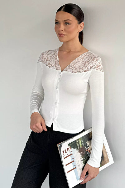 Aryena Cream Women's Lycra Cardigan with Ruched Front Buttons
