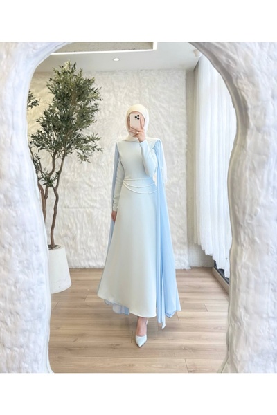 BELLASTORE Kadın Bebe Mavisi Pelerin Detaylı İnci Kemerli Elbise