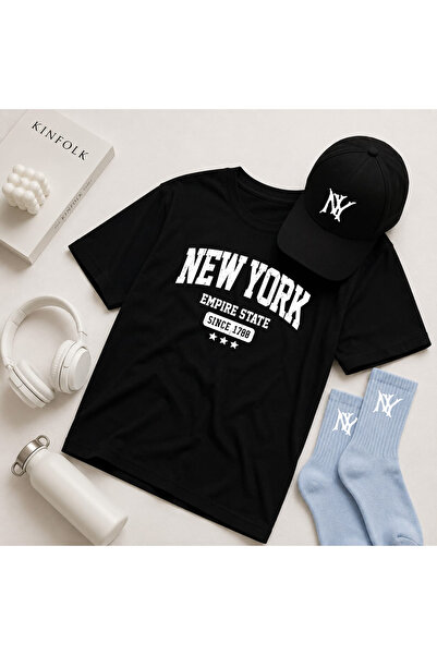 ZAVIXO Unisex Oversize New York Printed 3-Piece Combination Set – Black T-Shi...