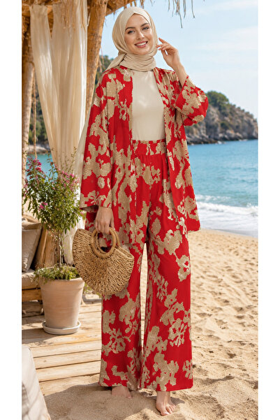 forte bella Colorful-Ethnic Pattern Top-Bottom Trend Hijab Kimono Set