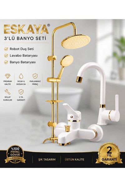 ESHOME Eskaya Set of 3 Gold Robot Shower Bathroom Sink Faucet Luxury White Thick Body Bathroom Faucet Set