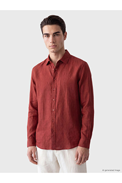 LC Waikiki Ozmarka New Season Brown Regular Fit 100% Linen Men's Shirt