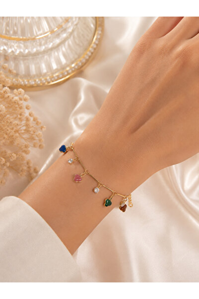 MODA MANANI Colorful Glittery Heart Figured Zircon Stone Detailed Gold Color ...