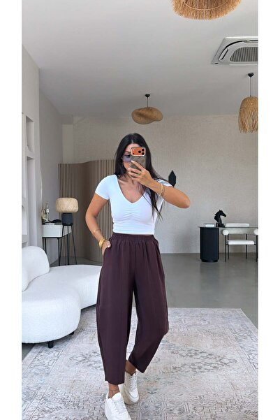 Buket Teke Plum Elastic Waist Baggy Washed Tencel Fabric Premium Trousers