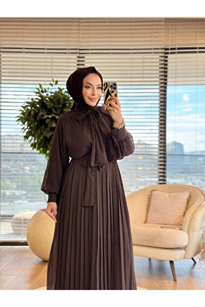 ALANURMODA 25139 Chiffon Skirt Pleated Collar Tie Dress Brown