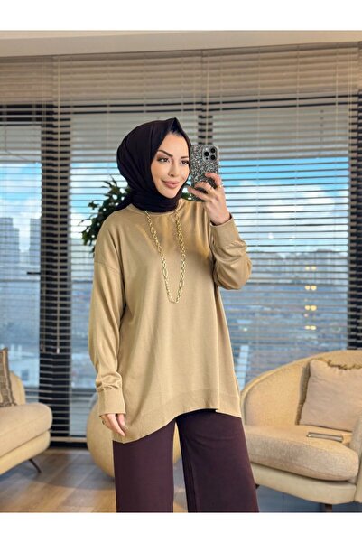 Yasemen 40408 Folded Sleeve Crew Neck Tunic Beige