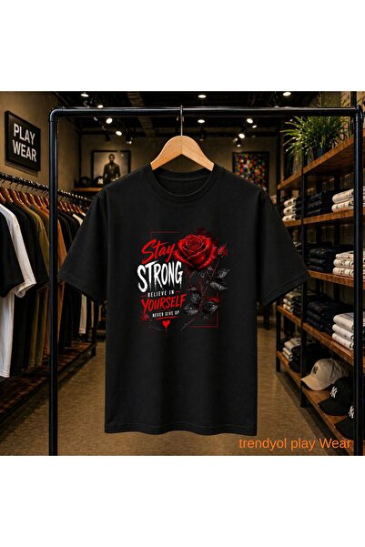 playwear Stay Strong Printed 100% Cotton Oversize Loose Regular Fit Crew Neck...
