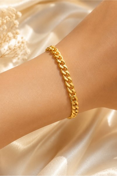 Adata Jewelry Altın Kaplama Çelik İnce Ezme Cadena Kadın / Erkek Bileklik Gol...
