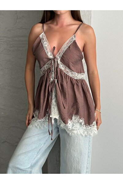 Lovely butik Women's Lace Detailed Strappy Blouse with Guipure, Thin Fabric, ...